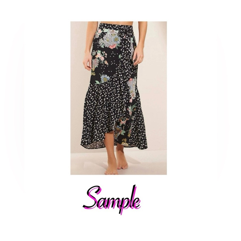 Sharon Max Vintage Black Floral & Polka Dot Ruffle Midi Skirt S